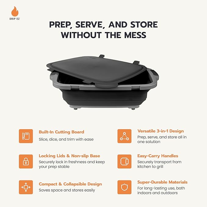 Drip EZ Collapsible BBQ Prep Tubs 3-Piece Set - For Meal Prep Marinating Food Storage - Includes Cutting Board & Lid - (1) JR + (1) OG + (1) XL - Sandstone