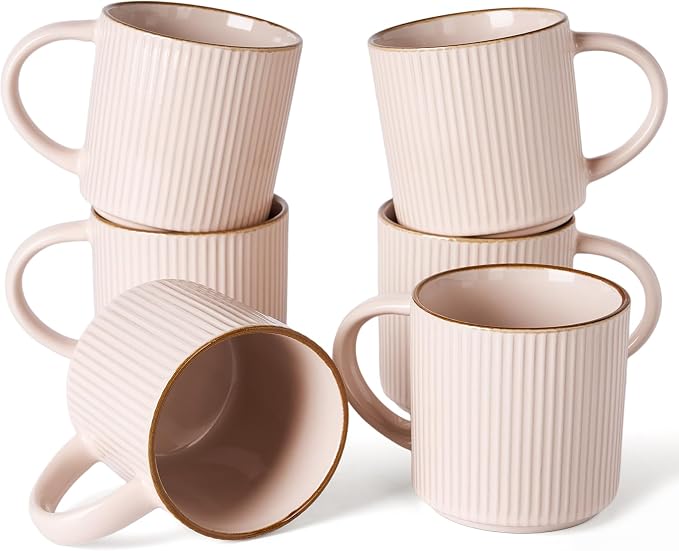 famiware Star Coffee Mug Set for 6, Handcrafted 12 oz Ceramic Stoneware Mugs Cup Set, Chip-Resistant & Stackable, Dishwasher/Microwave Safe, Light Pink by Famiware
