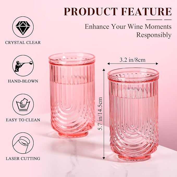 Pink Vintage Drinking Glasses Set of 6-17oz Hand-Blown Highball Ribbed Glassware, Arch Design Cocktail Glasses for Whiskey Water Beverages Ice Coffee Juice Milk - Image 3