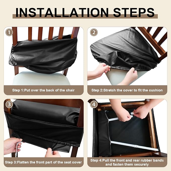 Waterproof Pu Leather Seat Covers for Dining Room Chairs Set of 4,Soft Chairs Seat Slipcovers,Dining Chair Cover Removable Washable Chair Protector Cover Stretch Kitchen Chair Covers - Image 6