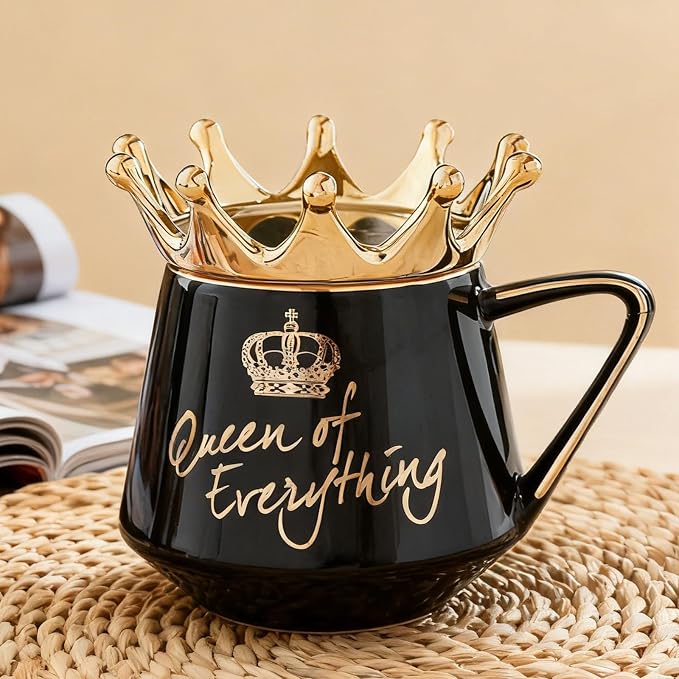Arawat Queen of Everything Mug with Lid Sweet Black Mug with Crown Coffee 12 oz Mug Gift with Spoon & Coaster Ceramic Tea Mug Birthday Gift for Women Mom Girlfriend Valentine's Day Gifts for Women Man - Image 3