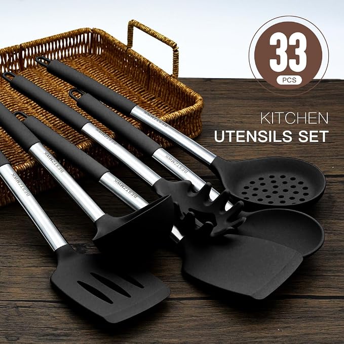 Kitchen Utensils Set-Silicone Cooking Utensils-32 pcs Non-Stick Silicone Cooking Kitchen Utensils Spatula Set with Holder-Best Kitchen Cookware with Stainless Steel Handle (Black) - Image 4