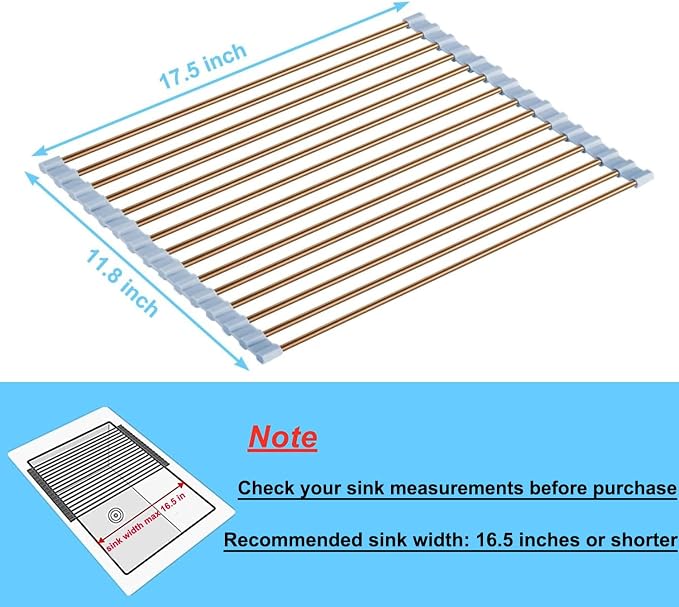 Seropy Roll Up Dish Drying Rack Over The Sink Drying Rack for Kitchen Counter, Rolling Dish Rack Over Sink Mat, Foldable Dish Drainer Stainless Steel Rack Kitchen Organization Gold 17.5"x11.8" - Image 4