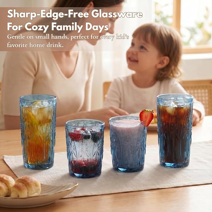 Blue Drinking Glasses Set of 12, 12 Oz Highball & 10 Oz Cocktail Glasses, Blue Kitchen Vintage Glassware Set, Floral Embossed Glass Tumbler Cups for Beer, Juice, Whiskey, Coffee(Snow) - Image 5