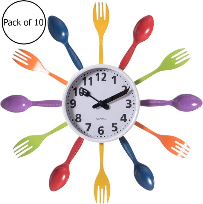 Clockswise Bulk Set of 10PC 14" Oversized Decorative 3D Cutlery Utensil Spoon and Fork Wall Clock, Multicolor Design for Vibrant Kitchen, Playroom, or Bedroom Decor, Battery-Operated Silent Sweep, - Image 5