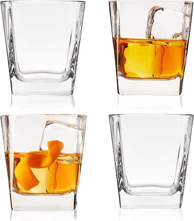 TRUE Square Rocks Glass, Old Fashioned Whiskey Glasses, Superb Drinking Cups for Cocktail Party, Home Bar, Bartender Accessories, Set of 4, 10 oz by True
