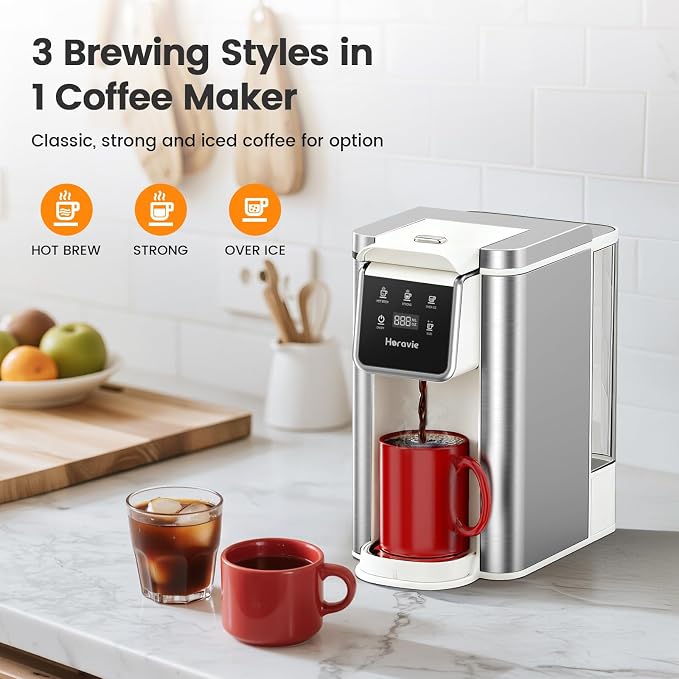 Single Serve Coffee Maker for K-Cup Pod & Ground, Hot & Iced Coffee Maker | Strong Button Feature, 6 to 14oz Brew Sizes, 50oz Removable Reservoir, Fit 6.5" Mugs, Stainless Steel, White - Image 2