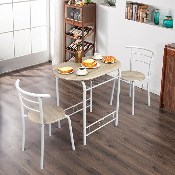 VINGLI 3 Piece Dining Set,Small Kitchen Table Set for 2,Breakfast Table Set,Kitchen Wooden Table and 2 Chairs for Small Space/Dining Room/Apartment,Metal Frame,Wine Rack,White&Light Oak - Image 7