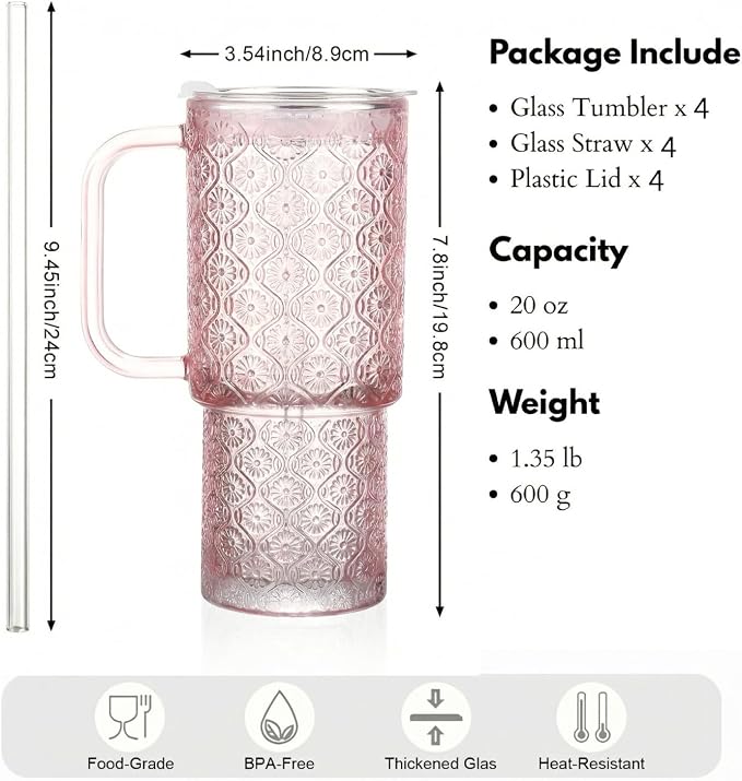 20 oz Pink Glass Tumbler with Lid and Straw, Glass Iced Coffee Cups, Spill-proof Glasses Tumbler with Handle, Hobnail Glasses Drinking Set of 4, Vintage Glassware for Cocktail, Smoothies - Image 2