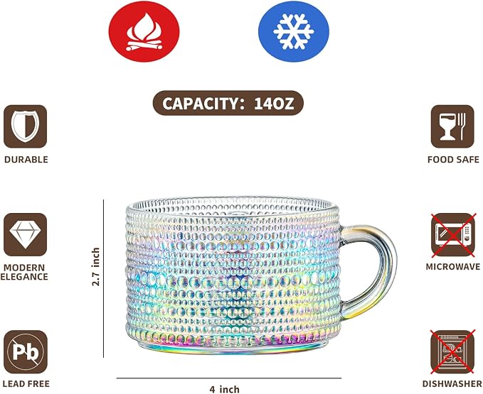 Gezzeny Vintage Glass Coffee Mugs 14 Oz Set of 2 Iridescent Embossed, Tea Cups,Glass Coffee Cups for Cappuccino, Latte,Cereal, Yogurt, Beverage Christmas Thanksgiving Day Gifts - Image 7