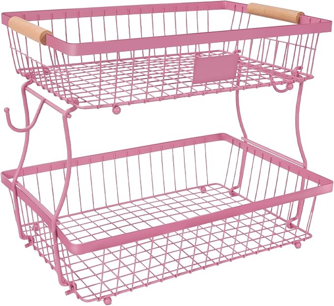 Fruit Basket Bowl 2 Tier Detachable with 2 Banana Hangers, Fruit Stand Holder for Kitchen Countertop, Metal Wire Vegetable Storage Organizer, for Bread Snack Veggies Produce, pink by Lawhood-Mijin
