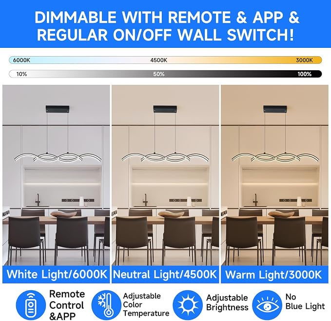 ORANOOR Modern LED Pendant Lights, Dimmable 39in Linear Wave LED Chandelier | Black Chandelier Dining Room Hanging Lighting Fixtures, Kitchen Island Linear Pendant Light for Dining Table, 4200lm Upgraded - Image 5