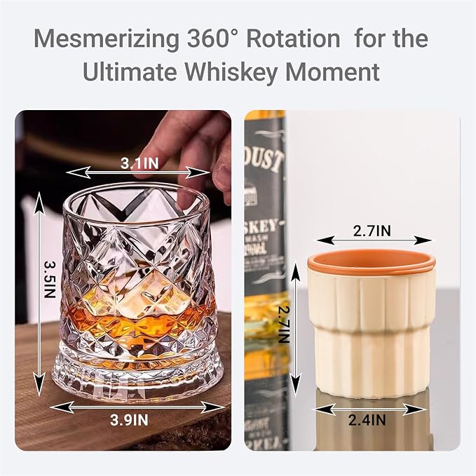 360 Degree Rotating Whiskey Glass Set with Ice Ball Mold, Crystal Clear Bourbon Scotch Glassware for Men, Fun & Novelty Gifts (Pattern 3) - Image 4