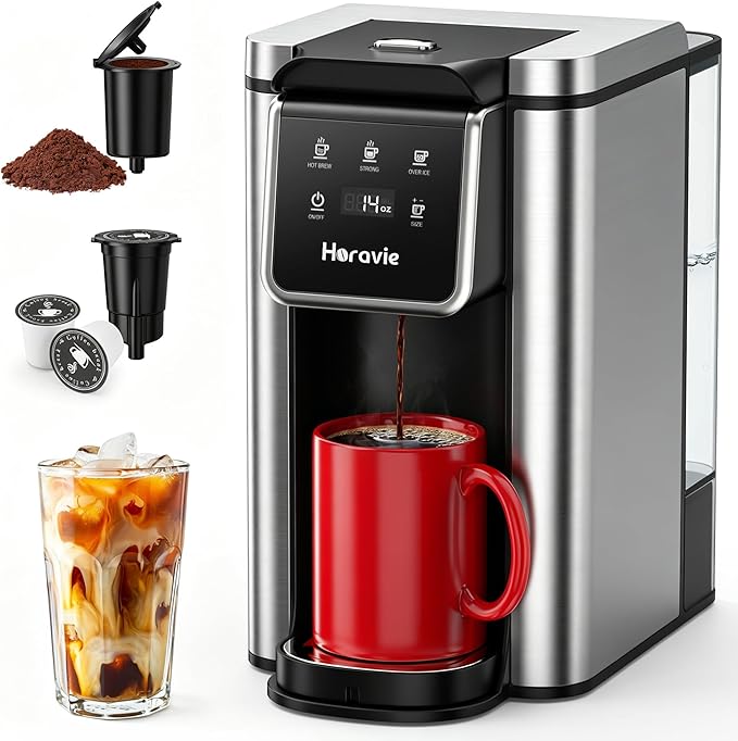 Horavie Single Serve Coffee Maker for K-Cup Pod & Grounds, Hot & Iced Coffee Maker, Strong Button Feature, 6 to 14oz Brew Sizes, 50oz Removable Reservoir, Fit 6.5" Mugs, Stainless Steel, Black by Horavie