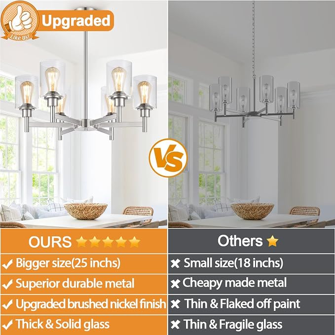 Brushed Nickel Chandeliers, 6 Light Farmhouse Chandelier for Dining Room Light Fixtures Over Table, Hanging Light Fixture with Clear Glass Shade for Kitchen Island Living Room, Height Adjustable - Image 2