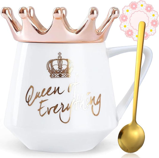 Arawat Queen of Everything Mug with Lid Sweet White Mug with Crown Coffee Mugs Gift with Spoon & Coaster 12 oz Ceramic Cup Birthday Gift for Women Girls Mom Girlfriend Valentine's Day Gifts for Women by ARAWAT