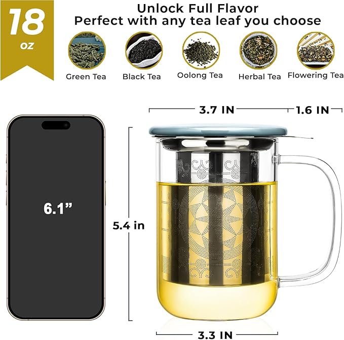 Aquach Tea Cup with Infuser and Lid, 18oz Borosilicate Glass Mug for Loose Leaf, Blooming Tea, Microwave & Dishwasher Safe - Ideal for Home Office Use, Gift for Tea Lovers