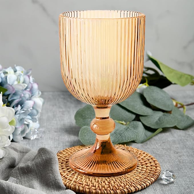 Vintage Wine Glasses Set of 6, 11 Ounces Colored Glass Water Goblets, Colorful Unique Embossed Pattern High Clear Stemmed Glassware Wedding Party Bar Glass Drinking Cups Vertical Line Gold Amber - Image 6