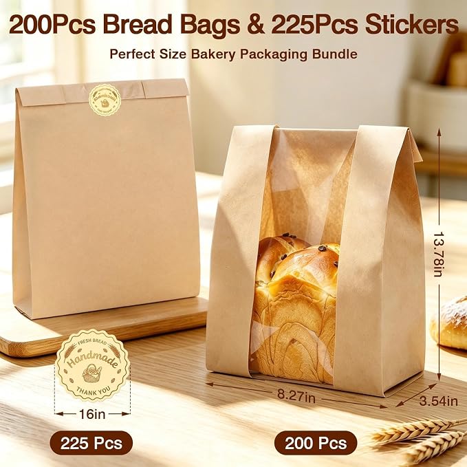 200 PCS Bread Bags for Homemade Bread, Clear Window Sourdough Bags | Bakery Paper Bags for Cookie and Snack Storage, Loaf Packaging, Sourdough Bread Bags Includes 225 Sealing Stickers - Image 4