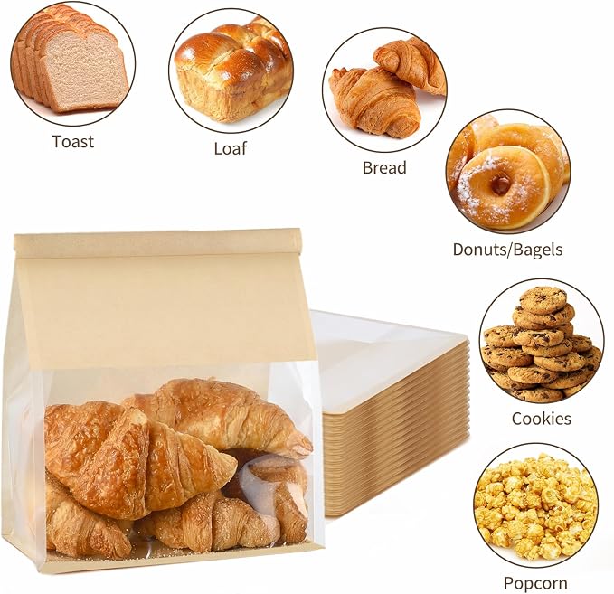 Ocmoiy Large Bread Bags for Homemade Breads, 8.7 x 4.3 x 11 Inches, 50 Pack | Tin Tie Tab Lock, Sourdough Bread Bags with Window, Clear Front Bakery Storage Bags, Paper Treat Bag - Image 4