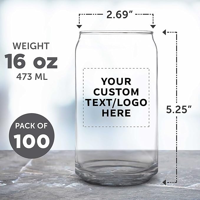 Custom Beer Can Glasses Set of 100, 16 oz. Pint Sized, Promotional Text, Logo, Soda Can Shape, Glassware, Clear