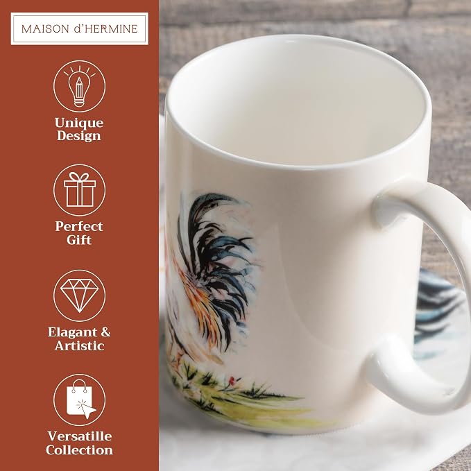 Maison d' Hermine Coffee Mug with Handles Tea Cups (15 Ounce, Pack of 1) | Fine Bone China Coffee Mugs for Hot Beverages Cappuccino Latte Home Restaurant Hotel Spring Summer -Campagne - Coq - Image 2