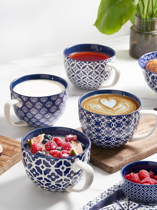 DOWAN Coffee Mugs Set of 4, 24 oz Large Coffee Mugs, Jumbo Soup Mugs With Handles, Ceramic Coffee Cups for Coffee Cereal Latte for Men Women, Housewarming Wedding Gift, Vintage Blue - Image 4