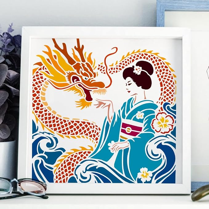 FINGERINSPIRE Japanese Geisha Painting Stencil with Brush 11.8x11.8inch Plastic PET Wave Dragon Drawing Template Decorative Hollowed Oriental Theme Stencil for Painting on Wood Canvas Fabric Clothes - Image 4