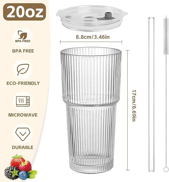 20oz Glass Cups with Lids and Straws,1PCS Ribbed Glass Tumbler with Straw and Lid,Reusable Iced Coffee Cups Drinking Glasses for Juice Whiskey Cocktail