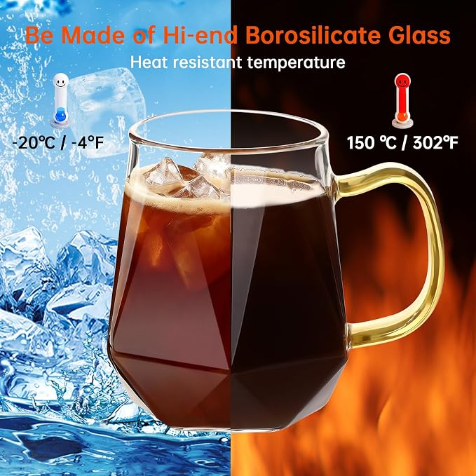 Glass Coffee Mugs 12oz with Handle and Spoon, Set of 2 | 350ml Glass Coffee Cups for Hot and Cold Drinks, Withstand -20℃ to 150℃, for Cappuccino Latte Macchiato Espresso Juice - Image 3