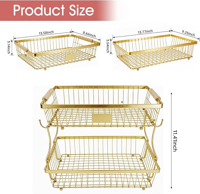 Fruit Basket Bowl 2 Tier Detachable with 2 Banana Hangers, Fruit Stand Holder for Kitchen Countertop, Metal Wire Vegetable Storage Organizer, for Bread Snack Veggies Produce,Gold - Image 2