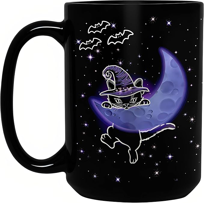 Halloween Witchy Cat Coffee Mug, 15oz Large Tea Cup, Black | Ceramic, With Handle, Celestial Moon Star Design, Gothic Home Decor, Novelty Spooky Gifts for Cat Lovers, Women, Men - Image 2