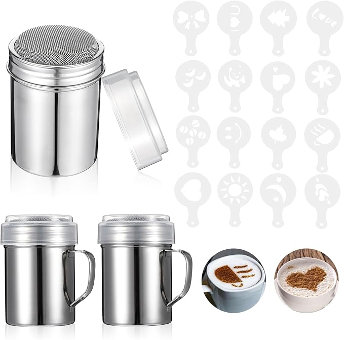19 Pieces Coffee Decoration Stencils Latte Art Template Coffee Mold Tool with 3 Stainless Steel Shaker and 16 Pieces Stencils Latte Art for Cake Cookie Decorating Oatmeal Cappuccino Hot Chocolate