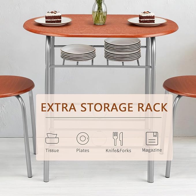 VINGLI 3 Piece Dining Set, Small Kitchen Table Set for 2, Breakfast Table Set, Kitchen Wooden Table with 2 Chairs for Small Space/Dining Room/Apartment, Metal Frame, Wine Rack, Russet - Image 7