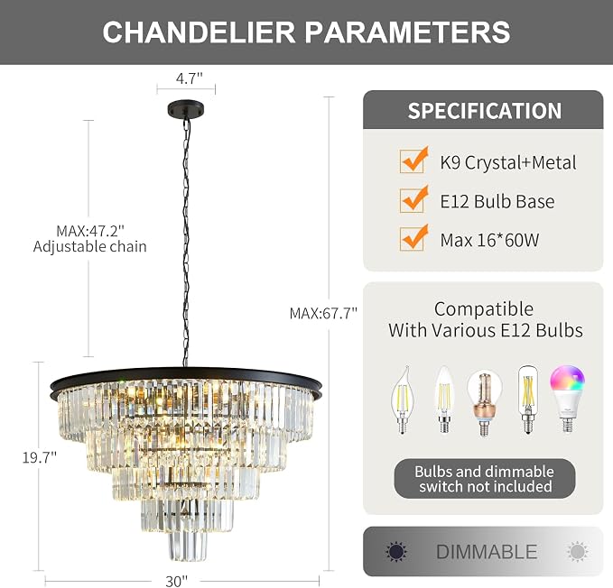 Large Crystal Chandelier 30'' Modern Black Dining Room Light Fixture | 5-Tier K9 Luxury Crystal Pendant Light for High Ceiling Big lighting fixture for Living Room Kitchen Foyer Staircase Entryway - Image 2