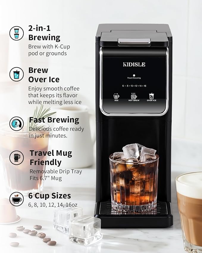 KIDISLE Hot & Iced Single Serve Coffee Maker for K Cup & Grounds, 6–16oz Brew Sizes, 40oz Water Tank, Reusable Pod Filter, Easy-to-Use for Home, Office, Dorm, Black - Image 2