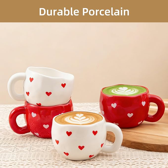 4pcs Ceramic Hearts Mugs Set, 9.4OZ Cute Love Coffee Cup Set, Red and White Color, Dishwasher Safe Espresso Cups, Gift for Women (Heart) - Image 4