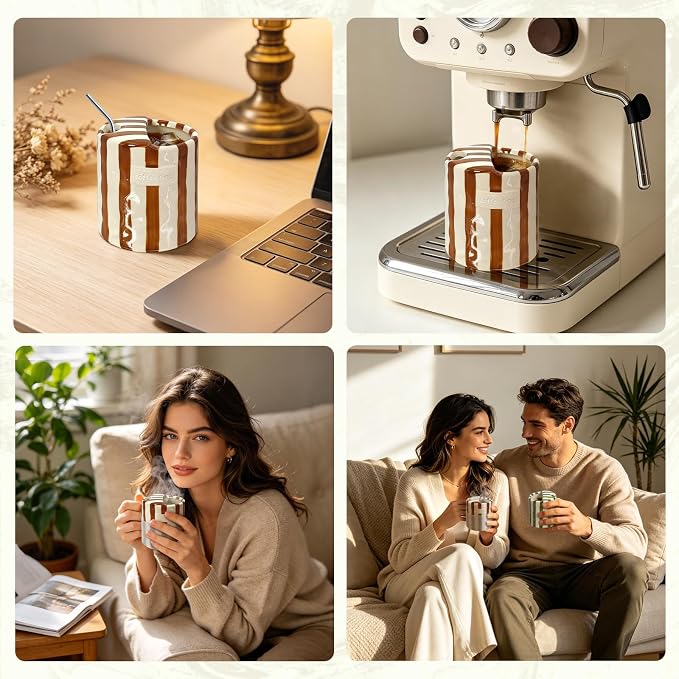 10 oz Ceramic Coffee Mug with Sip Hole & Silicone Sleeve, Brown | Cute Hand-Painted Striped Porcelain, Gift for Coffee Lover, Cold & Hot Drinks, Microwave & Dishwasher Safe - Image 3