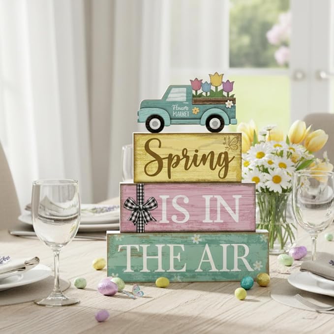 Moucuny 4 Pcs Spring Table Decor Wooden Blue Truck Decoration Flower Centerpiece Spring Tiered Tray Decor Decorative Colorful Flower Block Signs Gift Farmhouse Decoration for Home Kitchen - Image 2