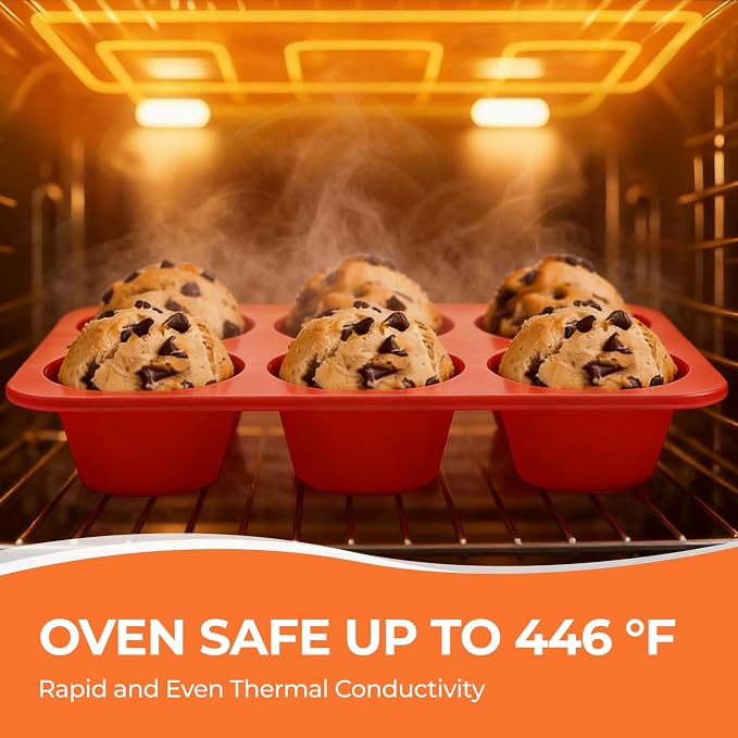 CAKETIME Silicone Jumbo Muffin Pan, 3.5 Inch Silicone Texas Muffin Pan 6 Cup Large Cupcake Pan Nonstick BPA Free Silicone Molds 2 Pack Red - Image 6