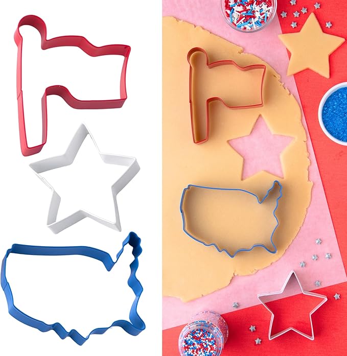 Cookie Cutter Kingdom, Patrioitic Cookie Cutters, 3 pack, Star, Flag, USA, 4th of July Cookie Cutters Shape, Memorial Day, Mold for Cakes Biscuits and Sandwiches (Patriotic 3 Pack)