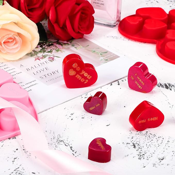 Patelai 4 Pieces Conversation Heart Molds Mixed Size 40 Holes Valentine's Day Heart Shaped Silicone Molds Non Stick for Chocolate Fondant Jelly Pudding Dessert Baking Candy(Red, Pink) - Image 4