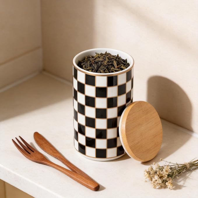 Kitchen Countertop Ceramic Checkered Canisters,Black And White Food Storage Containers With Lid,Airtight Kitchen Canisters for Flour, Sugar, Coffee, Tea, and Dry Goods (Black, Large) - Image 6
