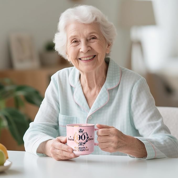 Biching 90th Birthday Gifts for Women - Aged to Perfection Coffee Mug | Unique 1936 Birthday Present for Grandma Mom Wife Friend Sister, 14oz Ceramic Coffee Mug Printed Gold with Lid Spoon Card Box - Image 5