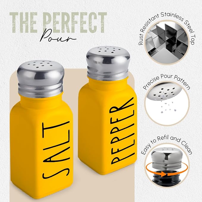Yellow Salt and Pepper Shakers Set by Brighter Barns - Cute Kitchen Decor & Kitchen Accessories - Cute Glass Shakers - Farmhouse Decor for Home Restaurants Wedding Gift & Stainless Steel Lid (Yellow) - Image 3