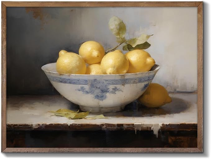 XOCUUI Farmhouse Still Life Picture Living Room Warm Moody Muted Yellow Lemon Oil Painting Art Deco Wall Art For Kitchen Rustic Vintage Decor For Bedroom Antique French Poster 11 X 14 Unframe by XOCUUI