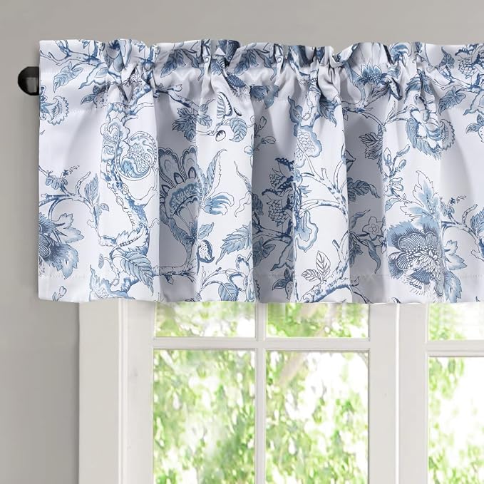 H.VERSAILTEX Blackout Curtain Valances for Kitchen Window/Living Room/Bathroom Privacy Added Rod Pocket Home Decoration Winow Valance, 52" W x 18" L, Floral in Storm Blue by HVERSAILTEX