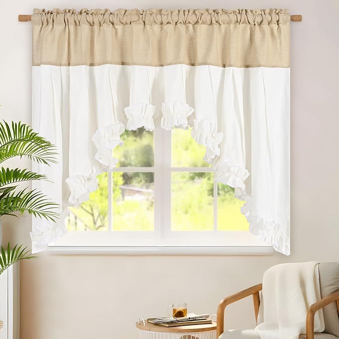 Likiyol Linen Swag Curtains Farmhouse Ruffle Valances for Windows Rustic Country Window Valances Light Filtering Kitchen Curtains Rod Pocket Valance for Bathroom Cafe, Linen White, 60" W x 36" L - Image 9