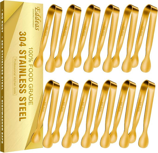 EDDEAS 12 PCS Small Serving Tongs, 4.3" Mini Gold Tongs, Gold Kitchen Tongs for Serving Food, Coffee Bar, Tea Party, Desserts Party and Ice Bucket by Eddeas