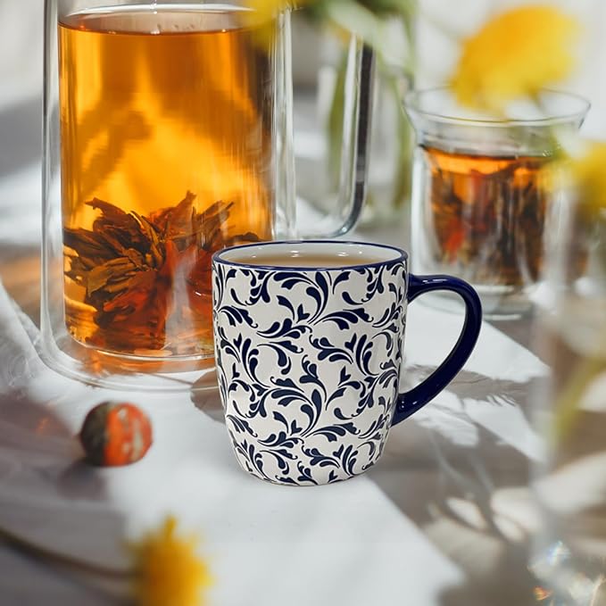 18 OZ Coffee Mugs Set of 6, Geometric Porcelain Large Mug for Man Woman | Blue and White Floral Ceramic Cup for Latte, Tea, Water, Cappuccino, Mocha, Cocoa, Housewarming Wedding Mug Present - Image 6
